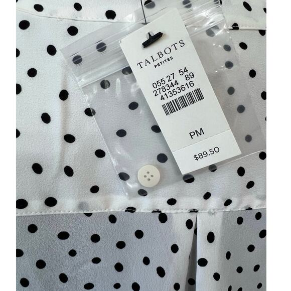 Talbots Blouse Sz MP NWT White Black Polka Dots 1/4 Button Long Sleeves Preppy - Picture 5 of 7